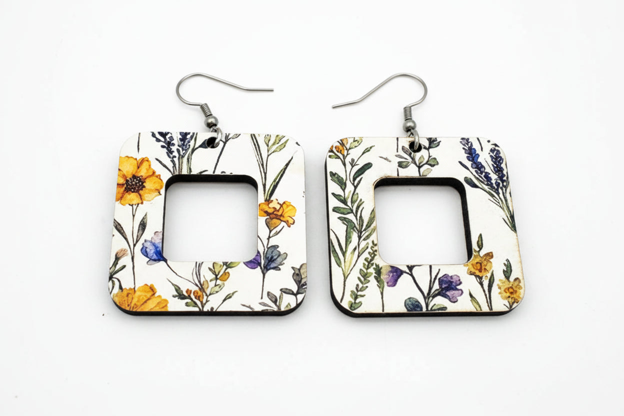 Floral Print Wood Earrings