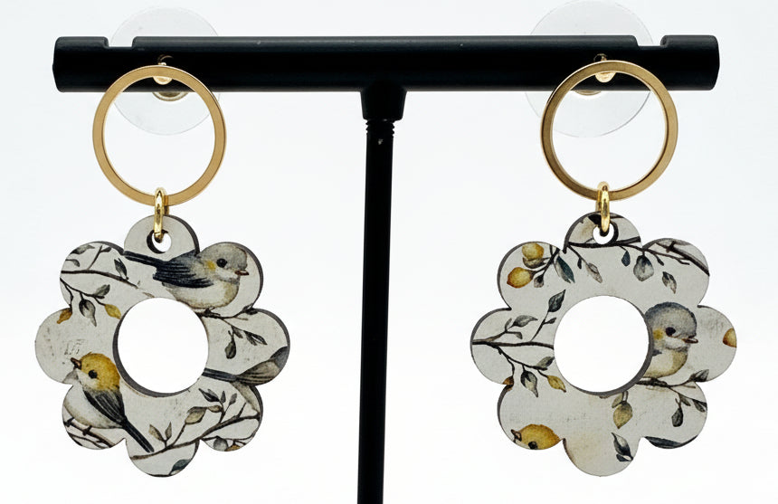 Bird Print Wood Earrings