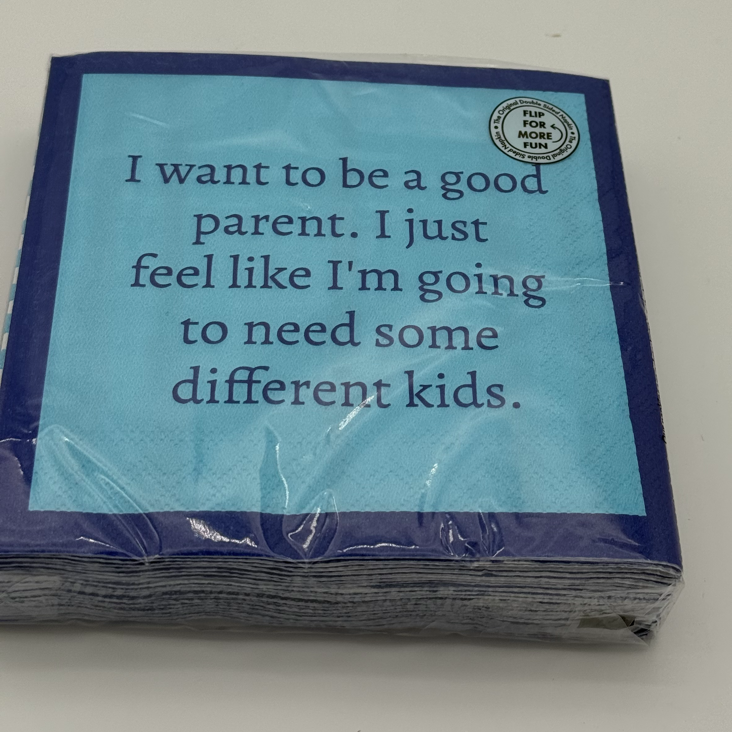 Blue napkin with text on a blue background