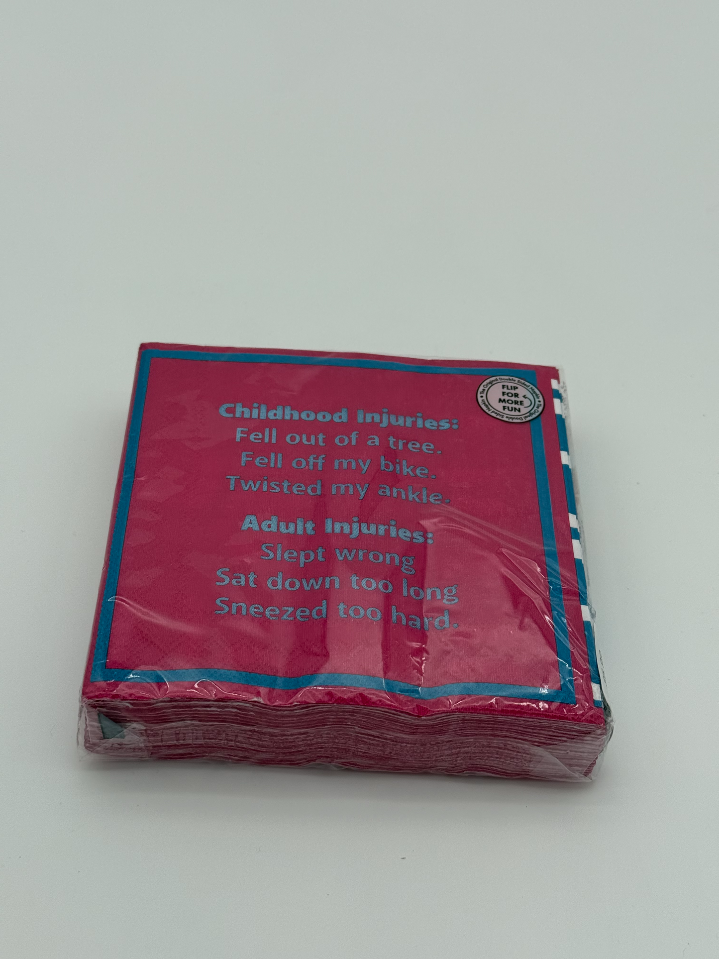 Pack of burgundy red napkins with funny text