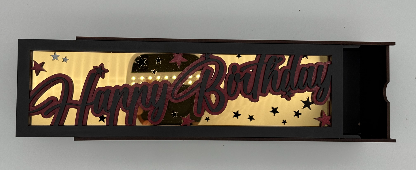 Decorative wine box with 'Happy Birthday' text on a gray background