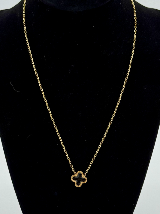 18K Gold PVD/Black Stainless Steel Lucky Clover Charm Necklace