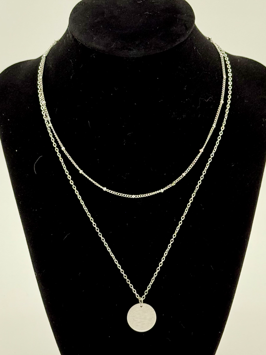 Stainless Steel Loop and Satellite Chain Blank Disk Layered Necklace