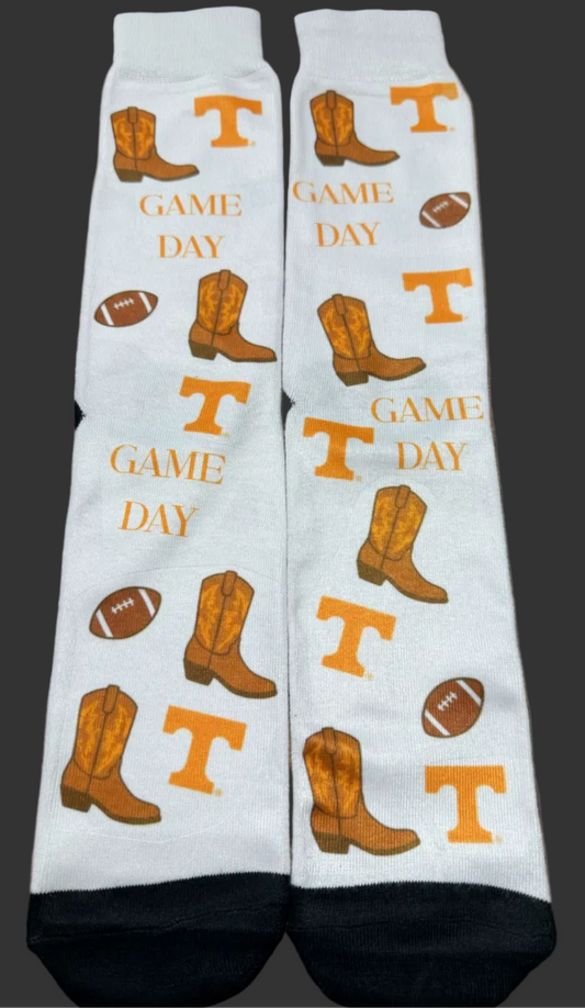 White Game Day socks with Game Day logo