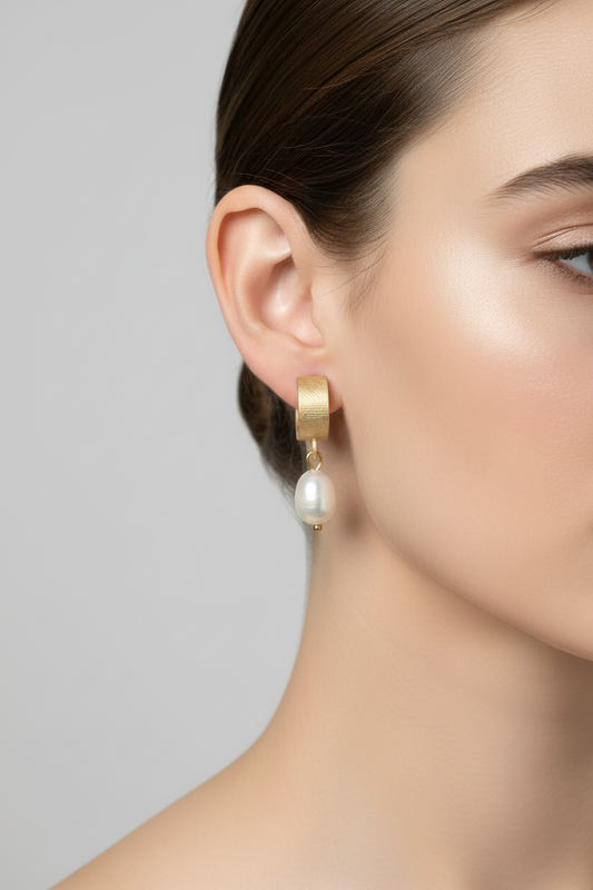 Matte Gold Cuff Earring with Genuine Freshwater Pearl