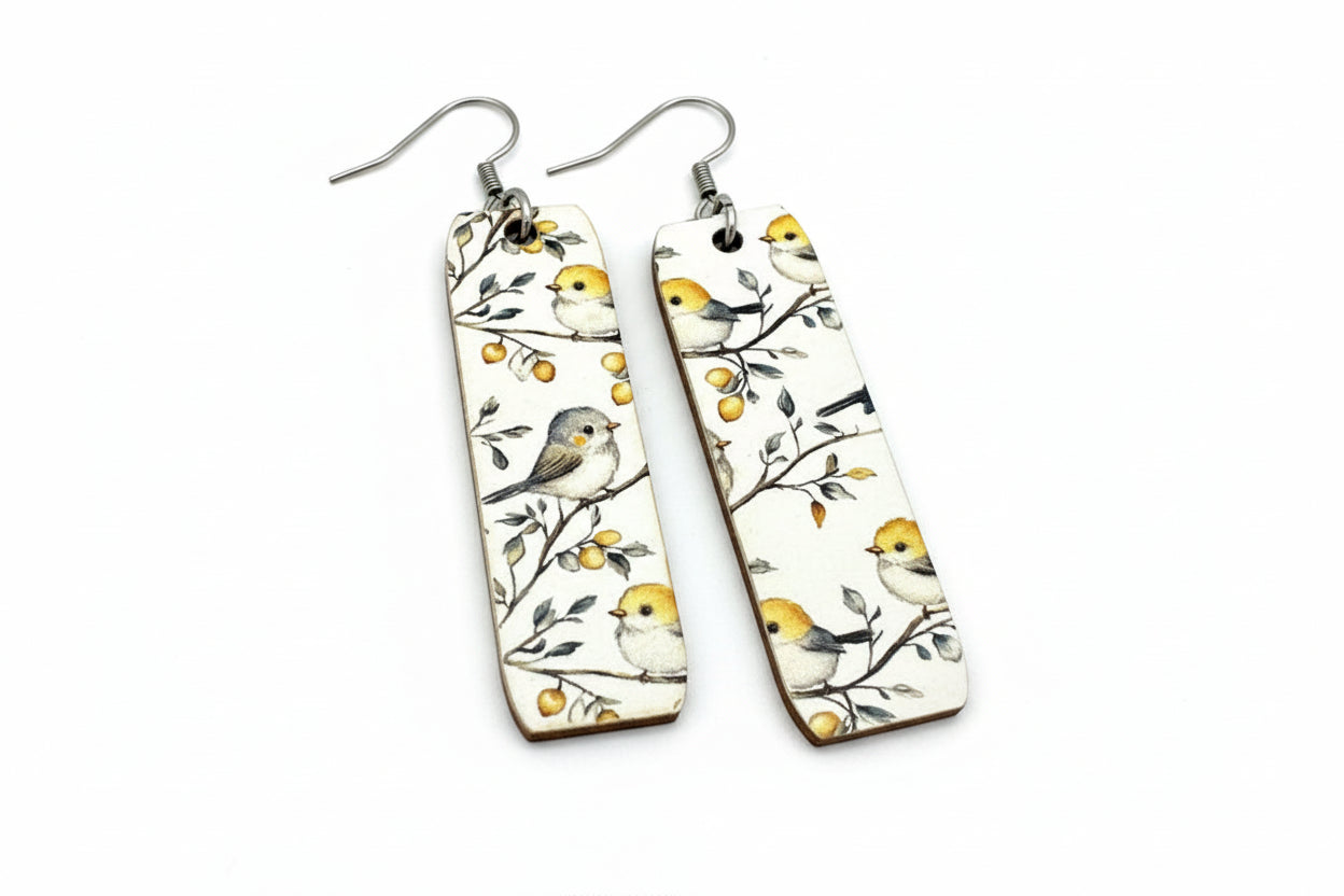 Bird Print Wood Earrings