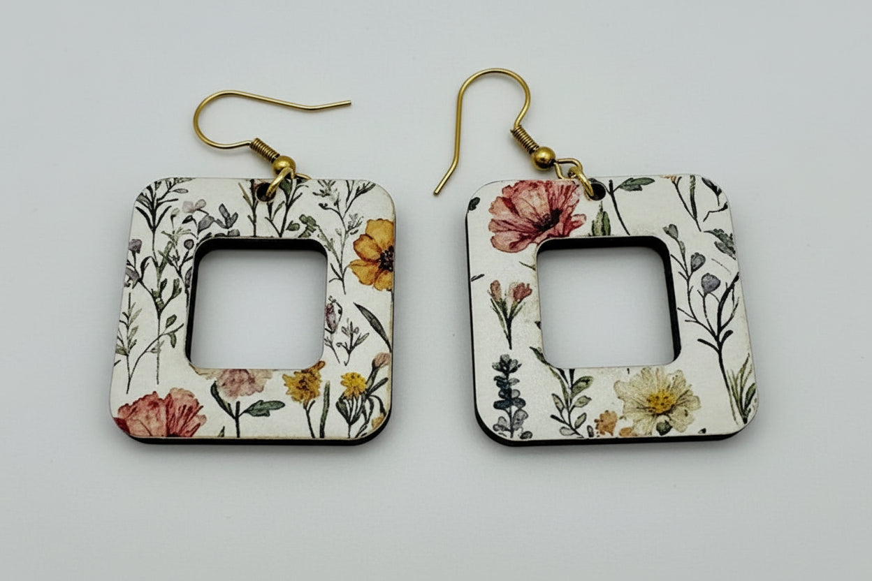 Floral Print Wood Earrings